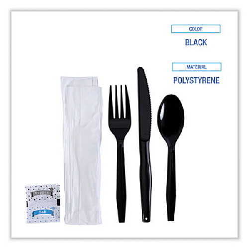 Boardwalk Six-Piece Cutlery Kit, Mediumweight, Fork/Knife/Napkin/Pepper/Salt/Spoon, Plastic, Black, 250/Carton (FKTNSMWPSBLA)