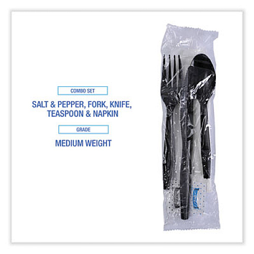 Boardwalk Six-Piece Cutlery Kit, Mediumweight, Fork/Knife/Napkin/Pepper/Salt/Spoon, Plastic, Black, 250/Carton (FKTNSMWPSBLA)