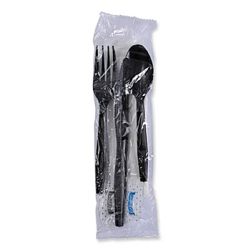 Boardwalk Six-Piece Cutlery Kit, Mediumweight, Fork/Knife/Napkin/Pepper/Salt/Spoon, Plastic, Black, 250/Carton (FKTNSMWPSBLA)
