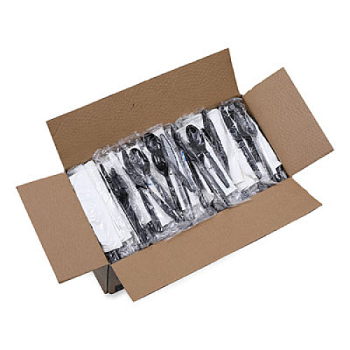 Boardwalk Six-Piece Cutlery Kit, Mediumweight, Fork/Knife/Napkin/Pepper/Salt/Spoon, Plastic, Black, 250/Carton (FKTNSMWPSBLA)