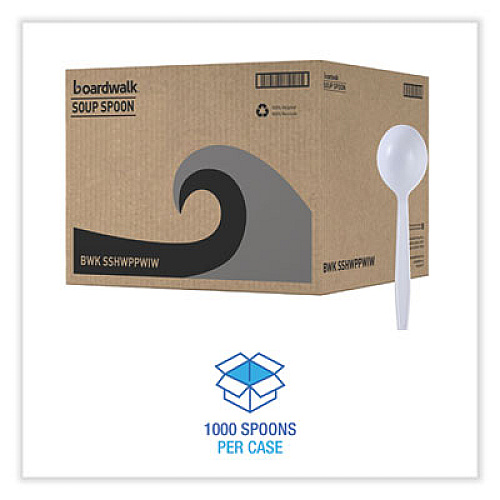 Boardwalk Heavyweight Wrapped Polypropylene Cutlery, Soup Spoon, Plastic, White, 1,000/Carton (SSHWPPWIW)