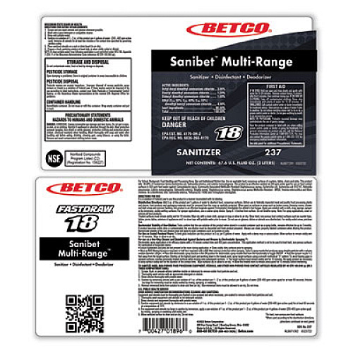 Betco Symplicity Sanibet Multi-Range FastDraw Sanitizer Disinfectant Deodorizer, 2 L Bottle, 4/Carton (2374700)