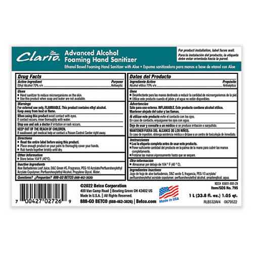 Betco Clario C3 Advanced Alcohol Foaming Sanitizer, 1,000 mL Bag, Citrus Scent, 6/Carton (7952900)