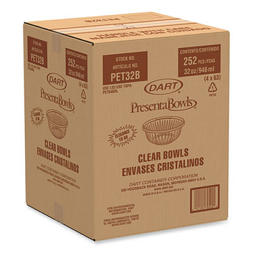 Dart PresentaBowls Clear Bowls, 32 oz, Plastic, 63/Bag, 4 Bags/Carton, 252 Bowls/Carton (PET32B)