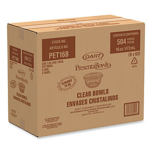 Dart PresentaBowls Clear Bowls, 16 oz, Plastic, 63/Bag, 504/Carton (PET16B)