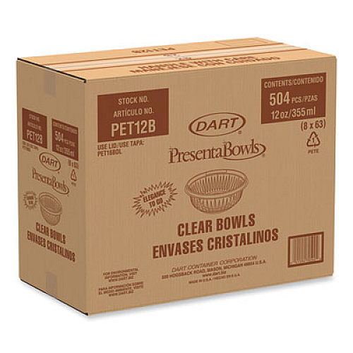 Dart PresentaBowls Clear Bowls, 12 oz., Plastic, 63/Bag, 504/Carton (PET12B)