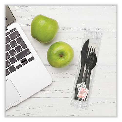 SOLO Impress Heavyweight Full-Length Polystyrene Cutlery Kit, Fork/Knife/Napkin/Pepper/Salt/Spoon, Plastic, Black, 750/Carton (HSK8Y)