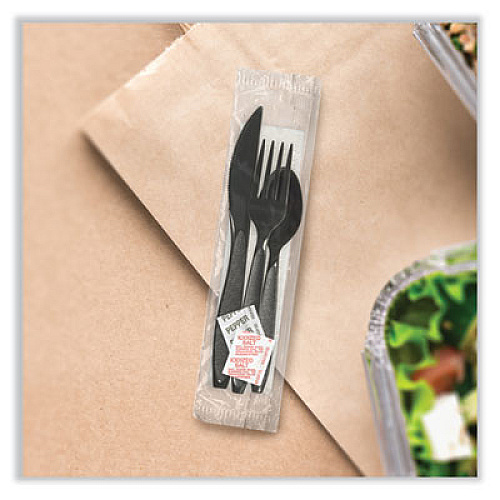 SOLO Impress Heavyweight Full-Length Polystyrene Cutlery Kit, Fork/Knife/Napkin/Pepper/Salt/Spoon, Plastic, Black, 750/Carton (HSK8Y)