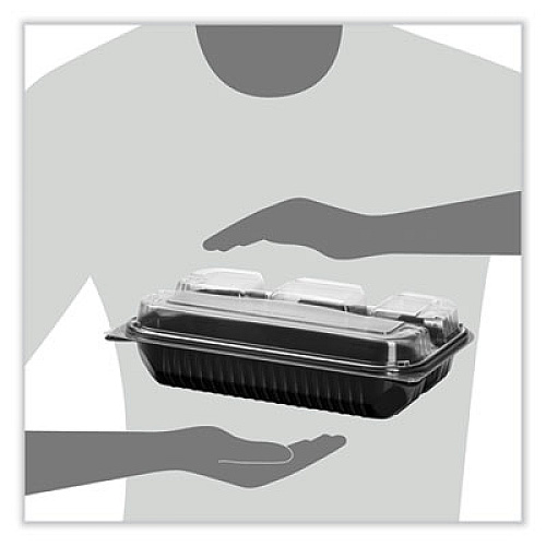 SOLO Creative Carryouts Hinged Plastic Hot Deli Boxes, 4 Compartments, 8.05 x 11.5 x 2.95, Black/Clear, 100/Carton (919020PM94)