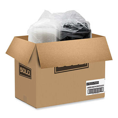 SOLO Creative Carryouts Hinged Plastic Hot Deli Boxes, 4 Compartments, 8.05 x 11.5 x 2.95, Black/Clear, 100/Carton (919020PM94)
