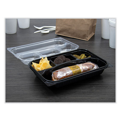 SOLO Creative Carryouts Hinged Plastic Hot Deli Boxes, 4 Compartments, 8.05 x 11.5 x 2.95, Black/Clear, 100/Carton (919020PM94)