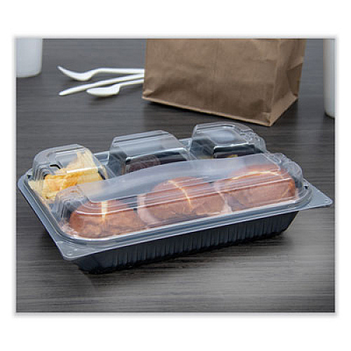 SOLO Creative Carryouts Hinged Plastic Hot Deli Boxes, 4 Compartments, 8.05 x 11.5 x 2.95, Black/Clear, 100/Carton (919020PM94)