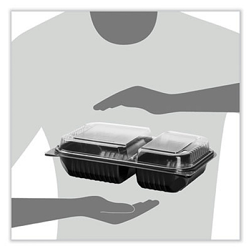 SOLO Creative Carryouts Hinged Plastic Hot Deli Boxes, 2 Compartments, 8.05 x 11.5 x 2.95, Black/Clear, 100/Carton (919018PM94)