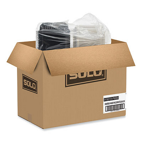 SOLO Creative Carryouts Hinged Plastic Hot Deli Boxes, 2 Compartments, 8.05 x 11.5 x 2.95, Black/Clear, 100/Carton (919018PM94)