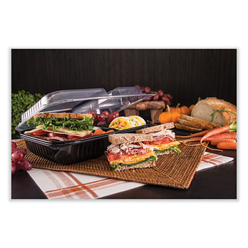 SOLO Creative Carryouts Hinged Plastic Hot Deli Boxes, 2 Compartments, 8.05 x 11.5 x 2.95, Black/Clear, 100/Carton (919018PM94)