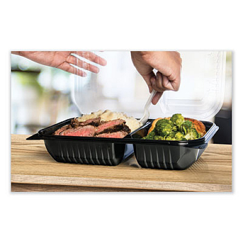 SOLO Creative Carryouts Hinged Plastic Hot Deli Boxes, 2 Compartments, 8.05 x 11.5 x 2.95, Black/Clear, 100/Carton (919018PM94)