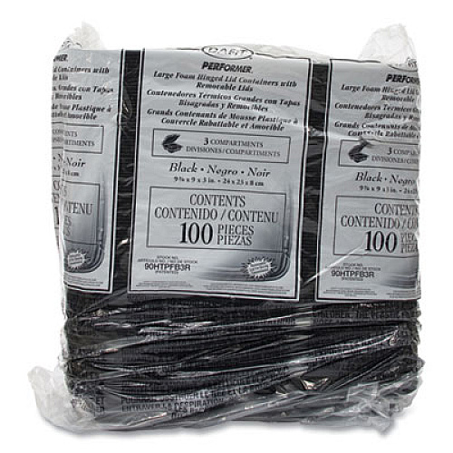 Dart Insulated Foam Hinged Lid Containers, 3 Compartments, 9.01" x 9.4" x 3.1", Black, 200/Carton (90HTPFB3R)