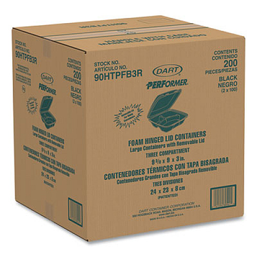 Dart Insulated Foam Hinged Lid Containers, 3 Compartments, 9.01" x 9.4" x 3.1", Black, 200/Carton (90HTPFB3R)