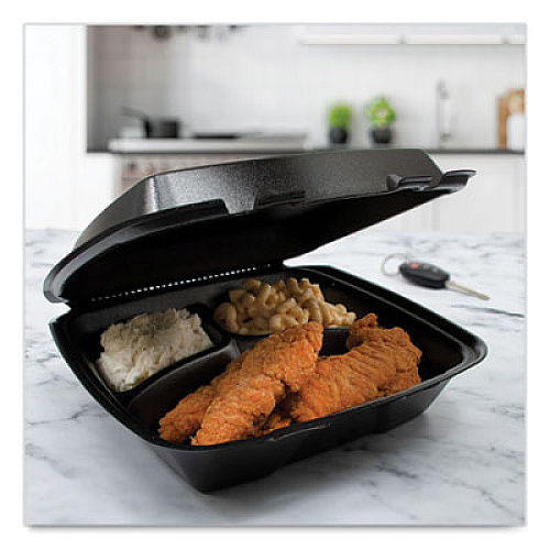 Dart Insulated Foam Hinged Lid Containers, 3 Compartments, 9.01" x 9.4" x 3.1", Black, 200/Carton (90HTPFB3R)