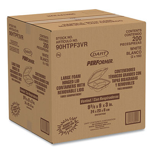 Dart Insulated Foam Hinged Lid Containers, 3 Compartments, 9.01 x 9.4 x 3.1, White, 200/Carton (90HTPF3VR)