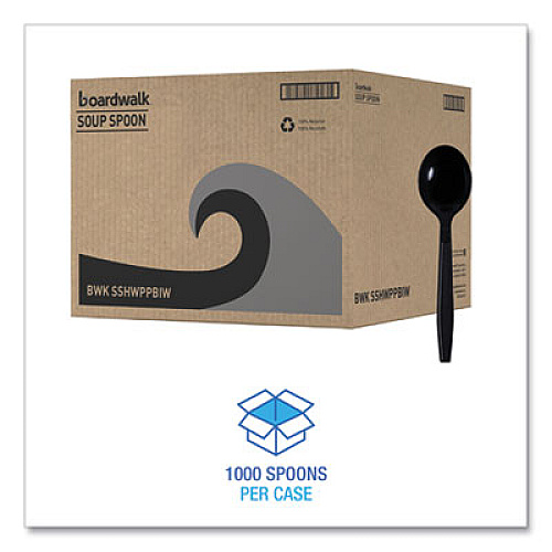 Boardwalk Heavyweight Wrapped Polypropylene Cutlery, Soup Spoon, Plastic, Black, 1,000/Carton (SSHWPPBIW)