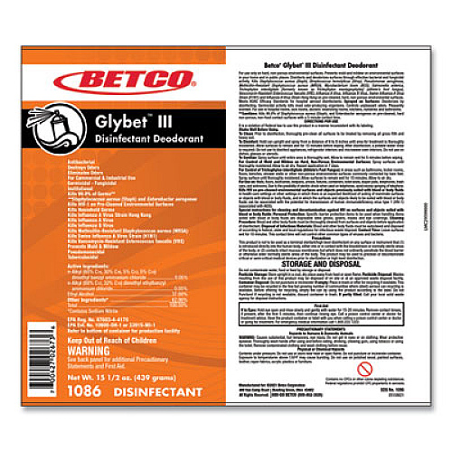 Betco Glybet III Disinfectant, Citrus Bouquet Scent, 15.5 oz Aerosol Spray, 12/Carton (10862300)