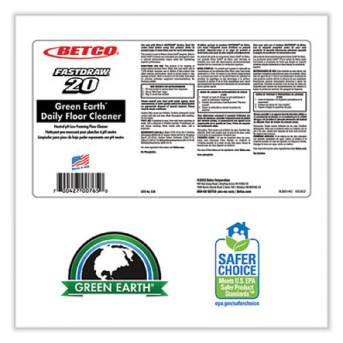 Betco Green Earth Daily FastDraw Floor Cleaner, 2 L Bottle, Unscented, 4/Carton (5364700)