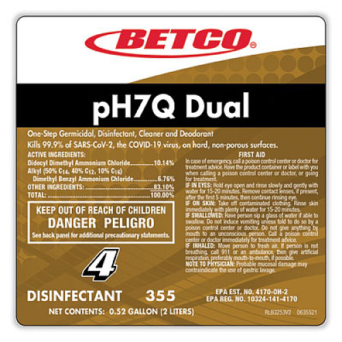 Betco pH7Q Dual Neutral FastDraw Disinfectant Cleaner, Lemon Scent, 67.6 oz Bottle, 4/Carton (3554700)