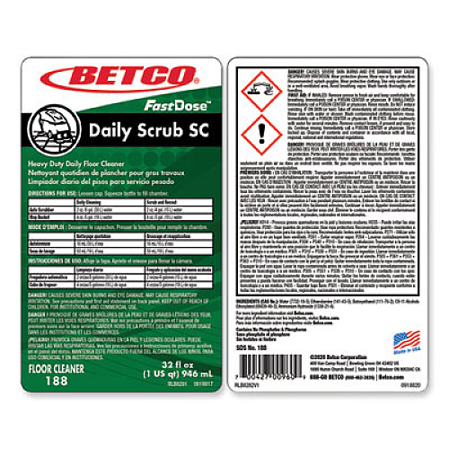 Betco Daily Scrub SC Floor Cleaner, Characteristic Scent, 32 oz Bottle, 6/Carton (1884800)