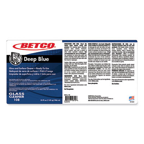 Betco Deep Blue Glass and Surface Cleaner, Ammonia Scent, 32 oz Bottle, 12/Carton (1081200)