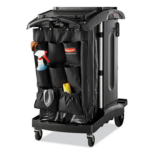 Rubbermaid Commercial High-Security Housekeeping Cart, Plastic, 3 Shelves, 2 Bins, 22" x 51.75" x 53.5", Black/Silver (9T78)