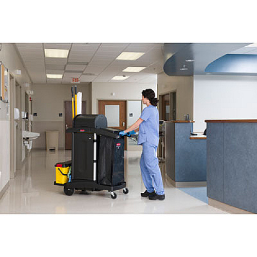Rubbermaid Commercial Executive High Security Janitorial Cleaning Cart, Plastic, 4 Shelves, 1 Bin, 23.1" x 39.6" x 27.5", Black (1861427)
