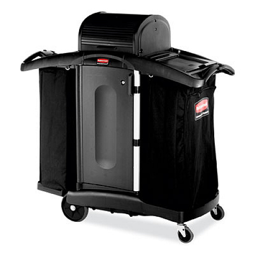 Rubbermaid Commercial High-Security Housekeeping Cart, Plastic, 3 Shelves, 2 Bins, 22" x 51.75" x 53.5", Black/Silver (9T78)