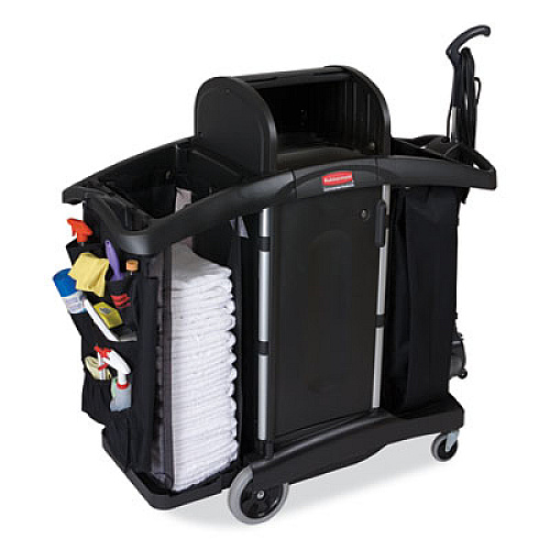 Rubbermaid Commercial High-Security Housekeeping Cart, Plastic, 3 Shelves, 2 Bins, 22" x 51.75" x 53.5", Black/Silver (9T78)