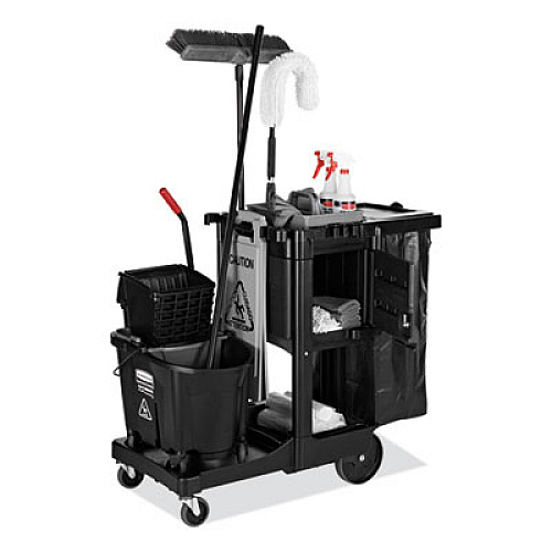 Rubbermaid Commercial Executive Janitorial Cleaning Cart, Plastic, 4 Shelves, 1 Bin, 21.75" x 46" x 38.38", Black (1861430)