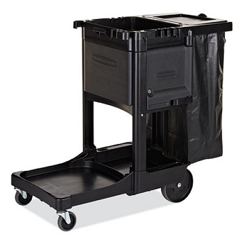 Rubbermaid Commercial Executive Janitorial Cleaning Cart, Plastic, 4 Shelves, 1 Bin, 21.75" x 46" x 38.38", Black (1861430)