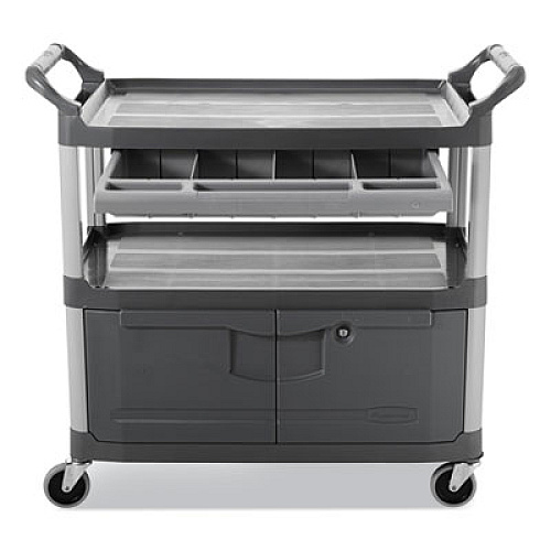 Rubbermaid Commercial Xtra Instrument Cart with Locking Storage Area, Plastic, 3 Shelves, 300 lb Capacity, 20" x 40.63" x 37.8", Gray (4094GRA)