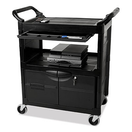 Rubbermaid Commercial Utility Cart with Locking Doors, Plastic, 3 Shelves, 200 lb Capacity, 33.63" x 18.63" x 37.75", Black (345700BLA)