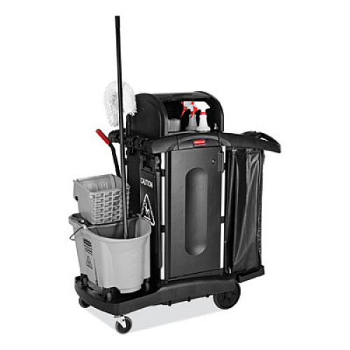 Rubbermaid Commercial Executive High Security Janitorial Cleaning Cart, Plastic, 4 Shelves, 1 Bin, 23.1" x 39.6" x 27.5", Black (1861427)