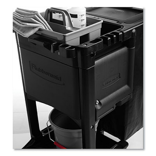Rubbermaid Commercial Executive Janitorial Cleaning Cart, Plastic, 4 Shelves, 1 Bin, 21.75" x 46" x 38.38", Black (1861430)