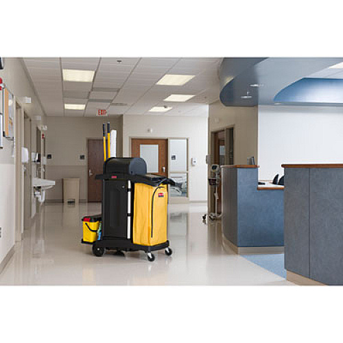 Rubbermaid Commercial High-Security Healthcare Cleaning Cart, Metal, 4 Shelves, 1 Bin, 22" x 48.25" x 53.5", Black (9T7500BK)