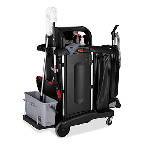 Rubbermaid Commercial Executive High Security Janitorial Cleaning Cart, Plastic, 4 Shelves, 1 Bin, 23.1" x 39.6" x 27.5", Black (1861427)