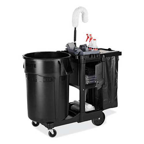 Rubbermaid Commercial Executive Janitorial Cleaning Cart, Plastic, 4 Shelves, 1 Bin, 21.75" x 46" x 38.38", Black (1861430)