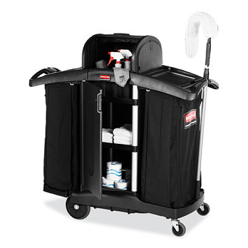 Rubbermaid Commercial High-Security Housekeeping Cart, Plastic, 3 Shelves, 2 Bins, 22" x 51.75" x 53.5", Black/Silver (9T78)