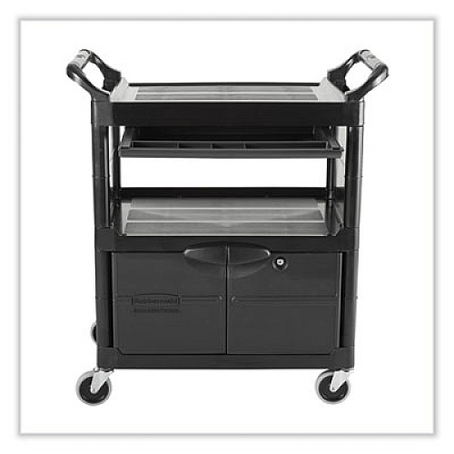 Rubbermaid Commercial Utility Cart with Locking Doors, Plastic, 3 Shelves, 200 lb Capacity, 33.63" x 18.63" x 37.75", Black (345700BLA)