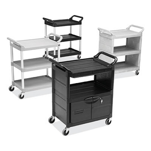 Rubbermaid Commercial Utility Cart with Locking Doors, Plastic, 3 Shelves, 200 lb Capacity, 33.63" x 18.63" x 37.75", Black (345700BLA)