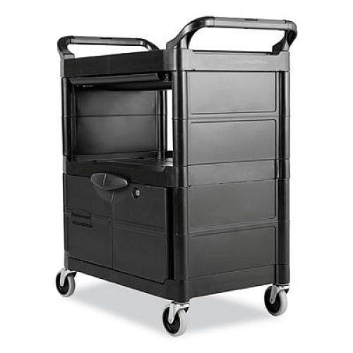 Rubbermaid Commercial Utility Cart with Locking Doors, Plastic, 3 Shelves, 200 lb Capacity, 33.63" x 18.63" x 37.75", Black (345700BLA)