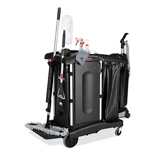 Rubbermaid Commercial Executive High Security Janitorial Cleaning Cart, Plastic, 4 Shelves, 1 Bin, 23.1" x 39.6" x 27.5", Black (1861427)
