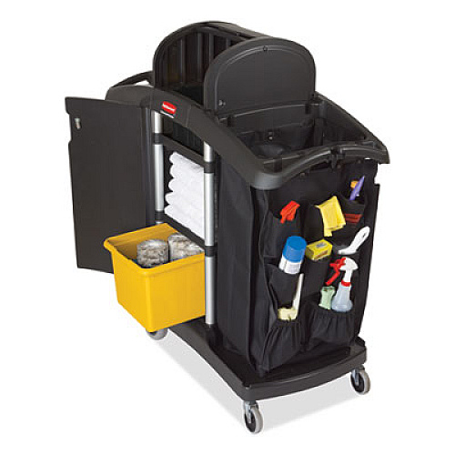 Rubbermaid Commercial High-Security Housekeeping Cart, Plastic, 3 Shelves, 2 Bins, 22" x 51.75" x 53.5", Black/Silver (9T78)