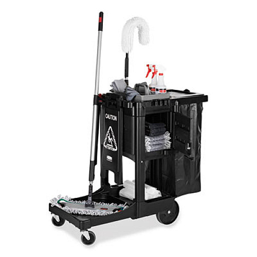 Rubbermaid Commercial Executive Janitorial Cleaning Cart, Plastic, 4 Shelves, 1 Bin, 21.75" x 46" x 38.38", Black (1861430)